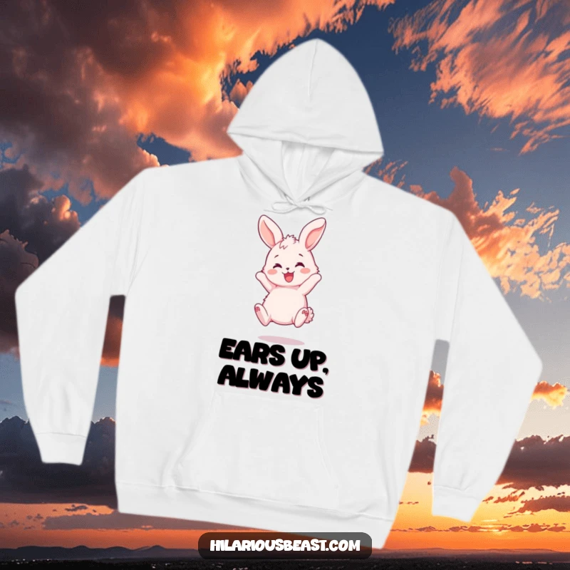 Funny Bunny Bouncing Hoodie - A warm hoodie featuring a fluffy pink bunny joyfully bouncing, with ears flopping playfully, perfect for cozy fun.