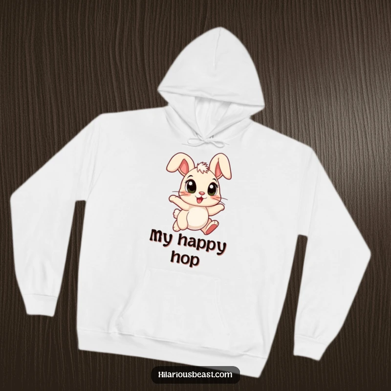 Funny cartoon bunny hoodie showing a bunny with large eyes, ears flopped forward, hopping with pure joy.