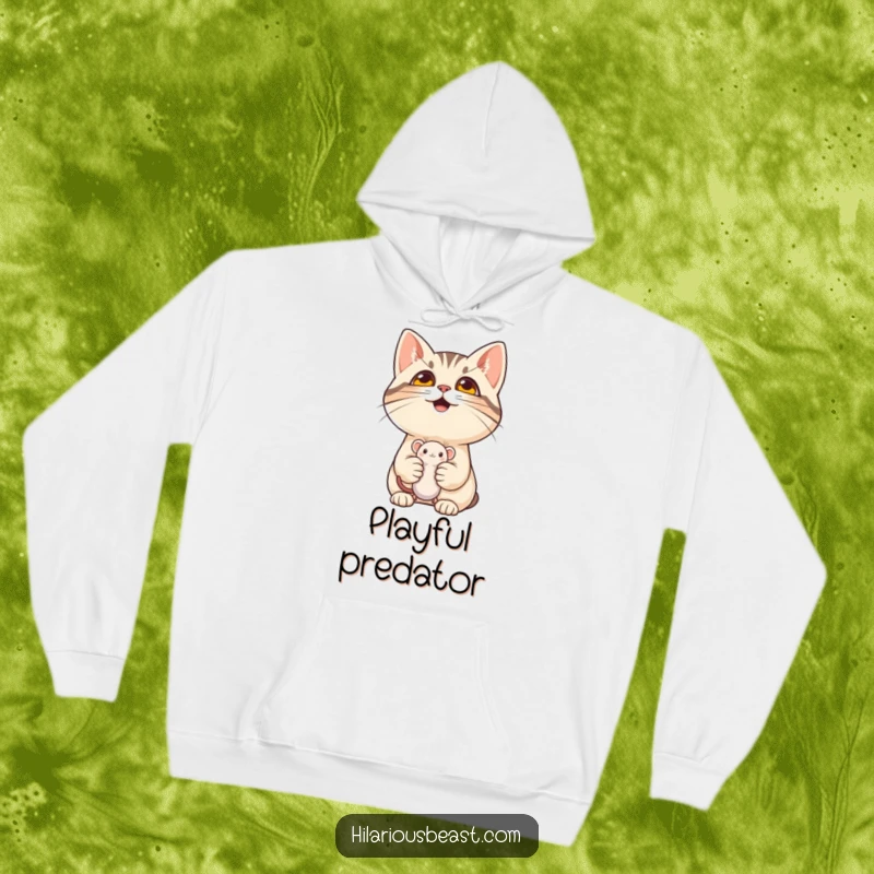Cozy hoodie depicting a funny cat with a mischievous grin holding a mouse toy, perfect for humorous comfort and a funny gift.