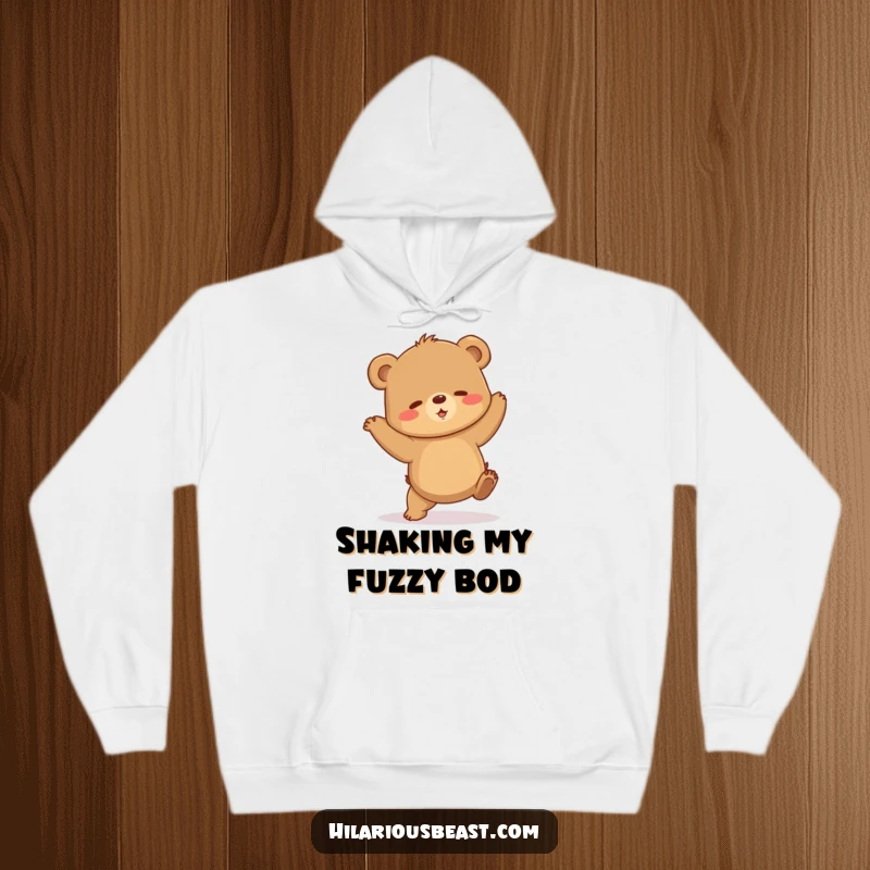 Funny brown bear cub hoodie featuring a shaky, awkward dance, embodying a spirit of fun and slightly ungraceful movement. Cozy and funny.