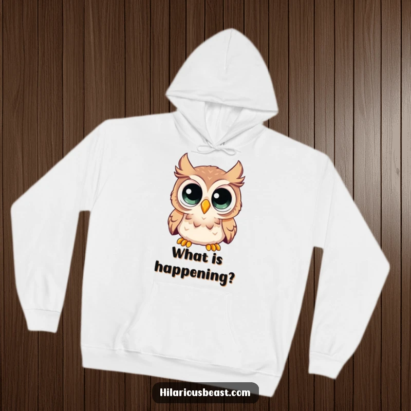 Funny hoodie with a curious owl showcasing enormous eyes, looking comically surprised and wide-eyed in a humorous design.