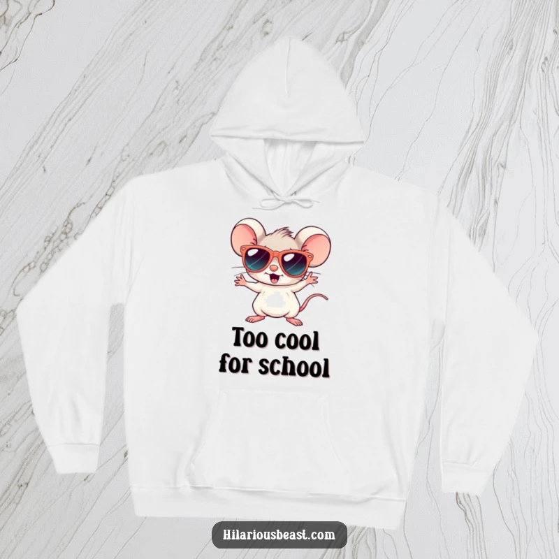 Funny hoodie showcasing a tiny mouse in oversized sunglasses, disco dancing with infectious energy and cool vibes.