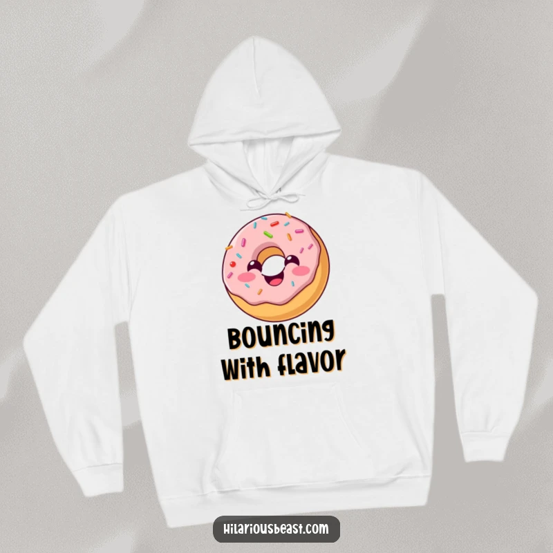 Funny hoodie featuring a cheerful, round donut with sprinkles bouncing with joy, offering cozy comfort and playful style.