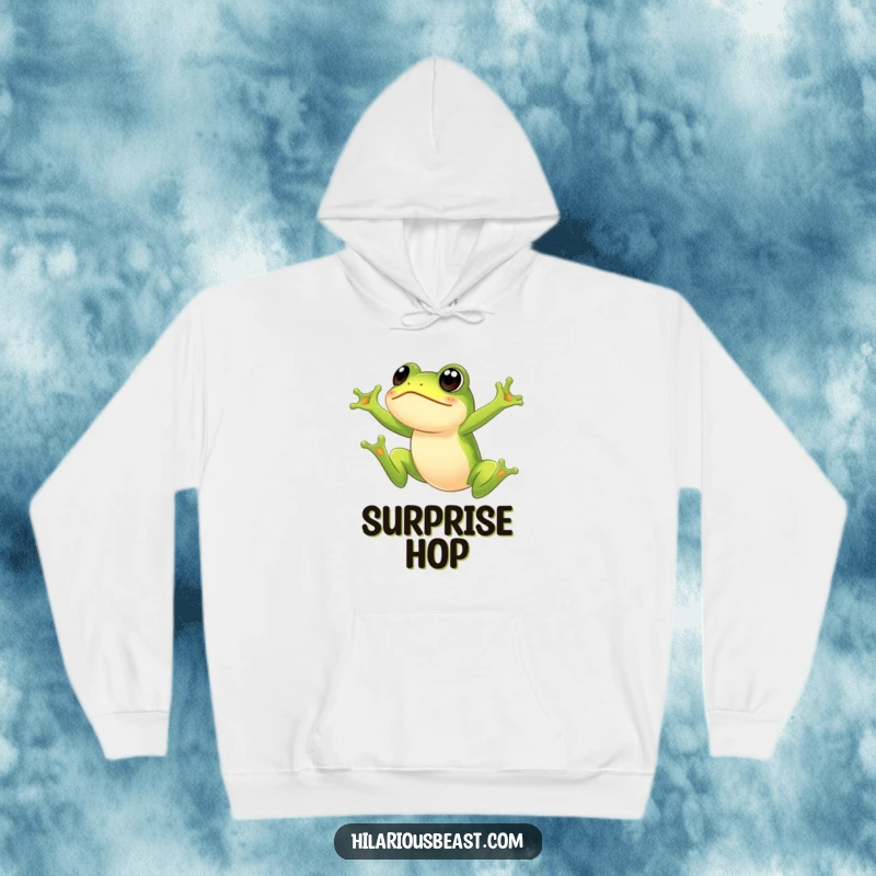 Funny frog hoodie showcasing a green frog leaping high with a comically surprised face, offering warmth and humor. Ideal for casual wear and funny gift occasions.