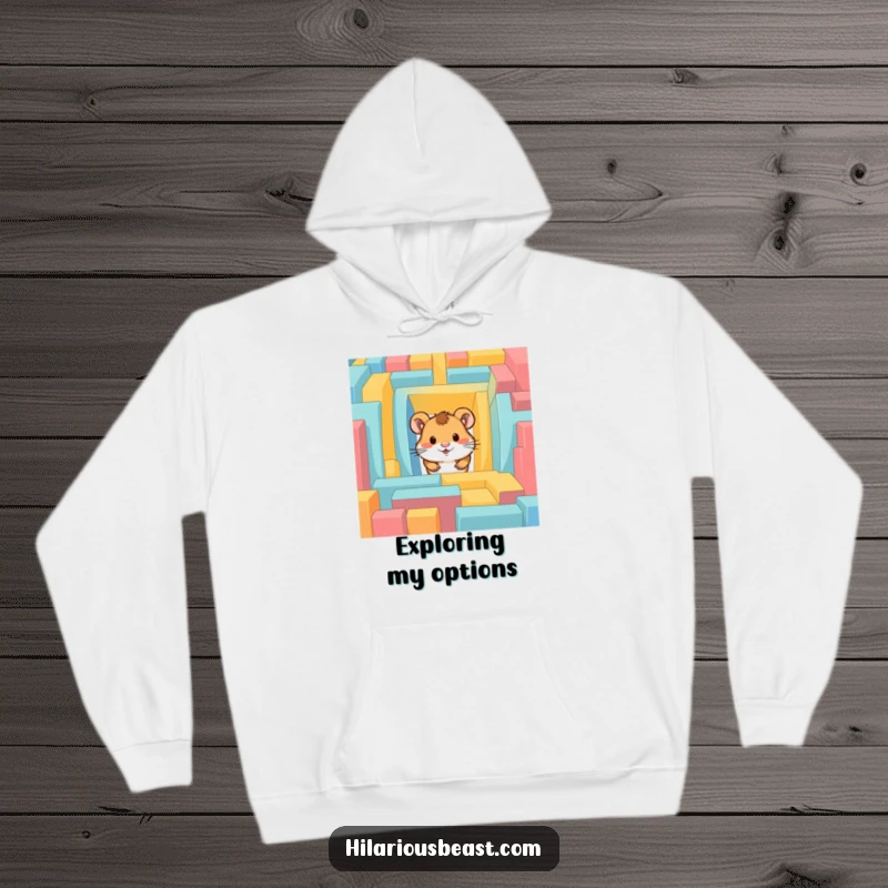 Funny hamster hoodie with a curious hamster peeking out of a colorful maze, offering warmth and style.