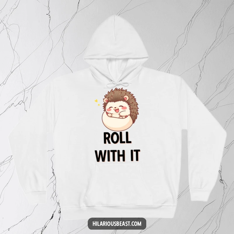 Funny happy hedgehog hoodie, a hedgehog rolling into a ball and giggling uncontrollably, cozy and full of prickly humor
