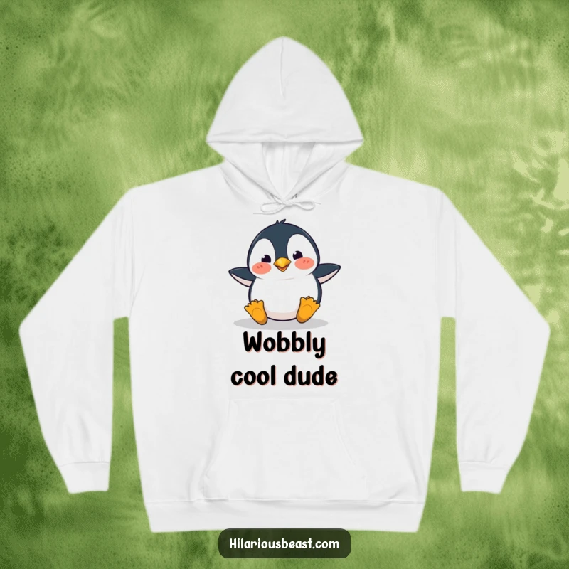Funny penguin hoodie depicting a clumsy penguin tripping over its feet with a wide-eyed, surprised look, perfect for cozy humor.