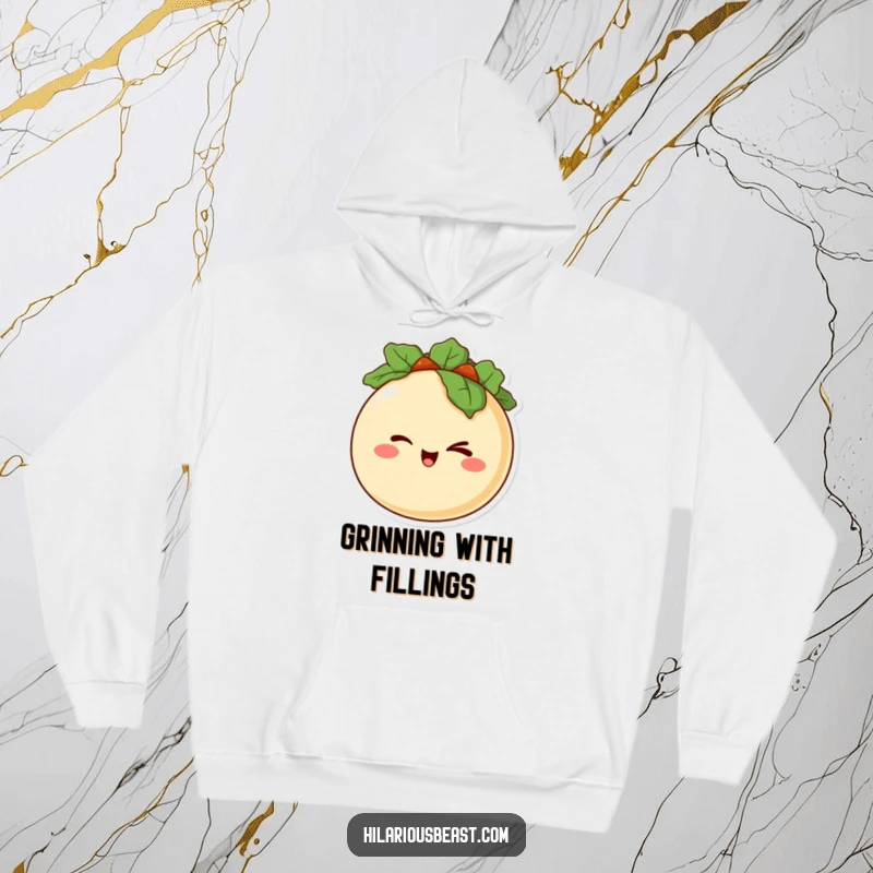 Funny hoodie showcasing a happy, round taco character with a mischievous grin and a wink, perfect for cozy, flavorful fun.