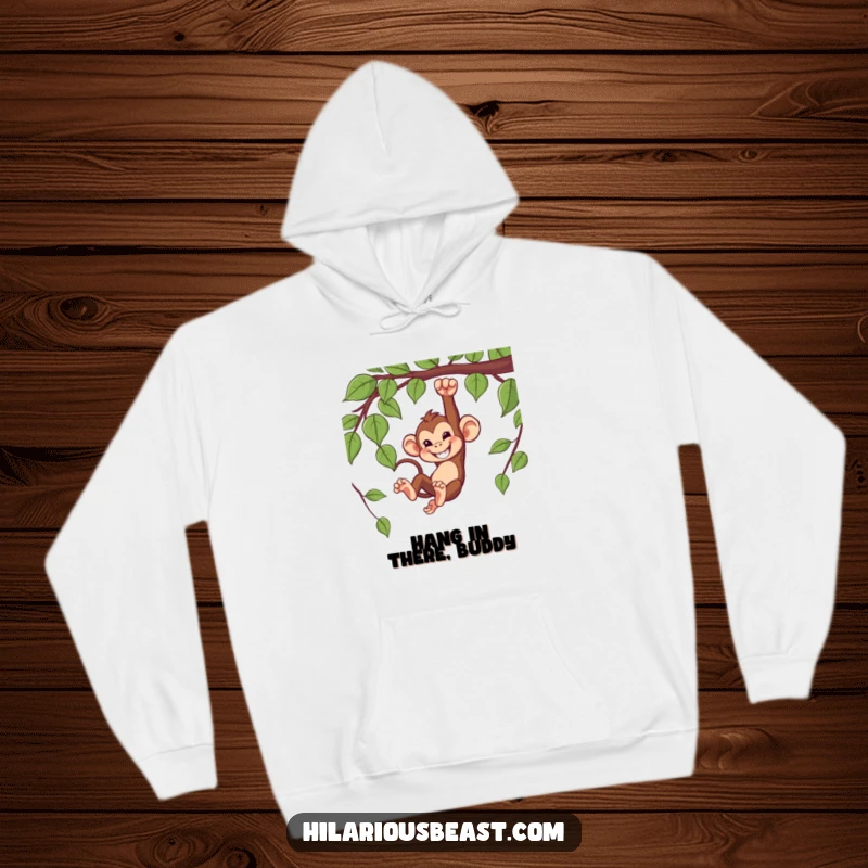 Funny hoodie featuring a mischievous monkey swinging from a vine with a grin, perfect for cozy fun.