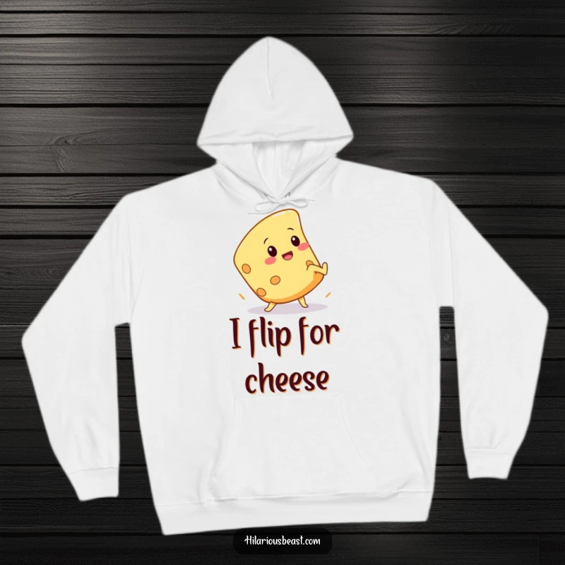 Funny hoodie showcasing a squeaky cheese wedge character in the midst of a comical cartwheel, perfect for cozy, cheesy fun.