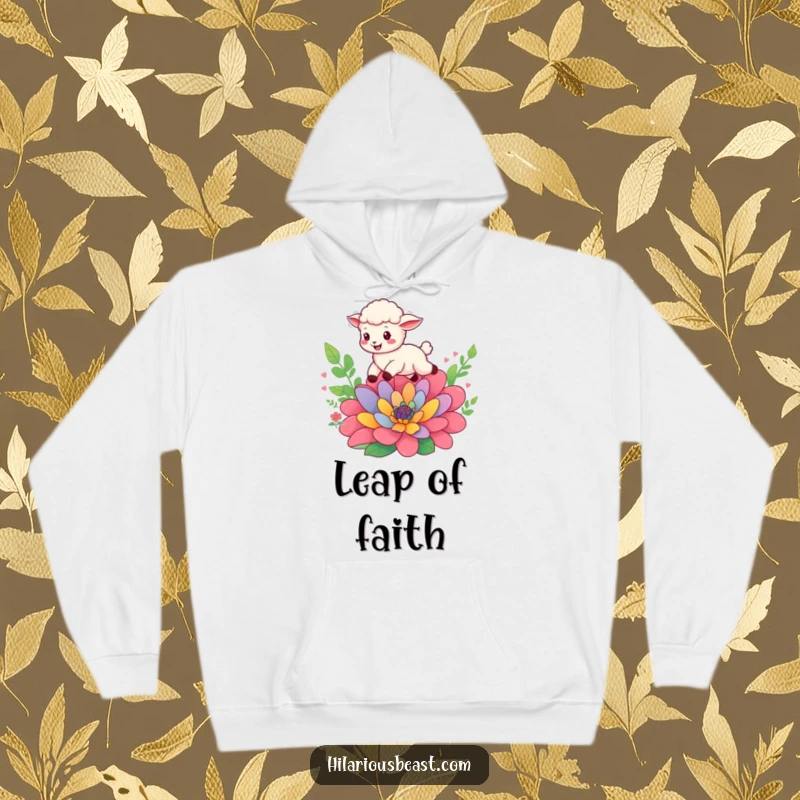 Funny cheerful sheep cub leaping over a flower, cozy hoodie, embodying comfort, playful energy, and vibrant joy.