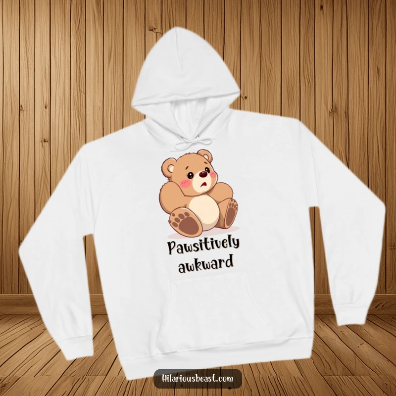 Funny small bear cub tripping, looking bewildered, cozy hoodie, embodying comfort and endearing, lovable clumsiness.
