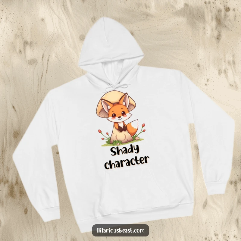 Funny mischievous fox cub peeking, cozy hoodie, behind a giant mushroom, embodying playful mystery and comfortable charm.