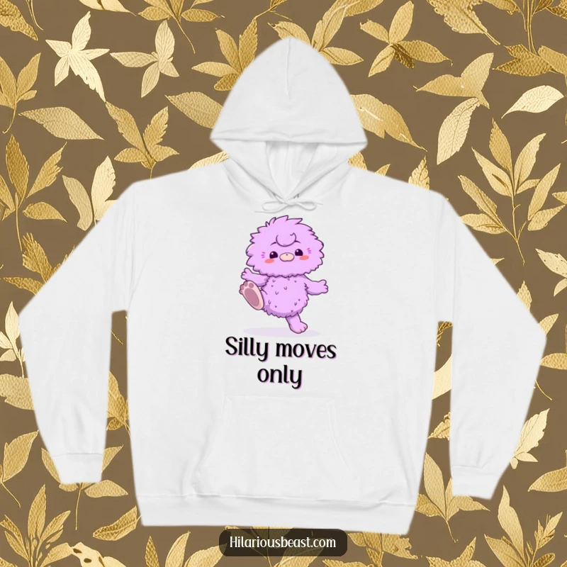 Funny hoodie featuring a fluffy purple creature with oversized feet doing a silly dance, offering warmth and humorous delight.