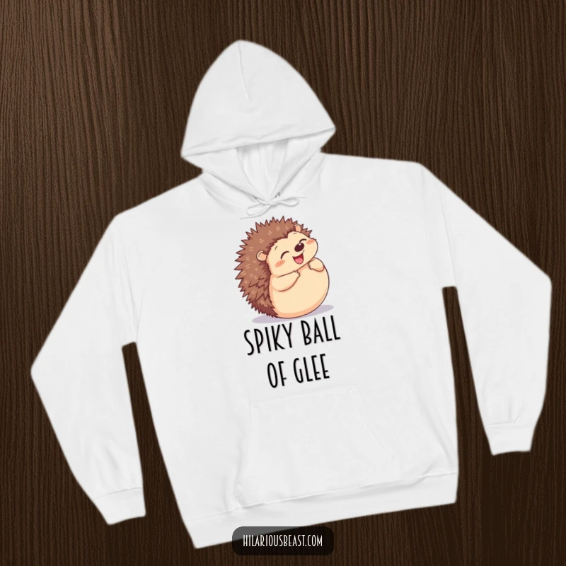 Funny Hedgehog Hoodie: a cozy sweatshirt depicting a plump, grinning hedgehog joyfully rolling into a ball.