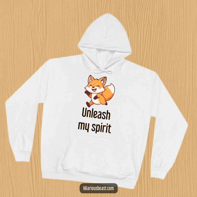 Funny kawaii fox hoodie showcasing a happy, grinning fox mid-air with a vigorously wagging tail, a symbol of playful comfort.
