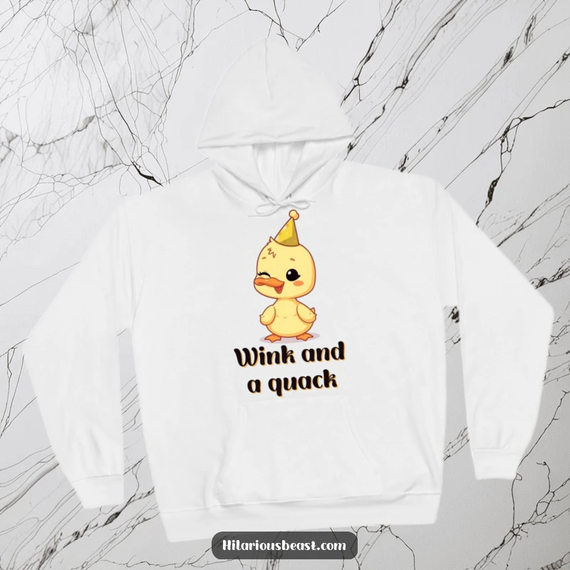 Funny duckling hoodie, comfortably wearing a tiny party hat and winking, ideal for cozy and humorous wear.