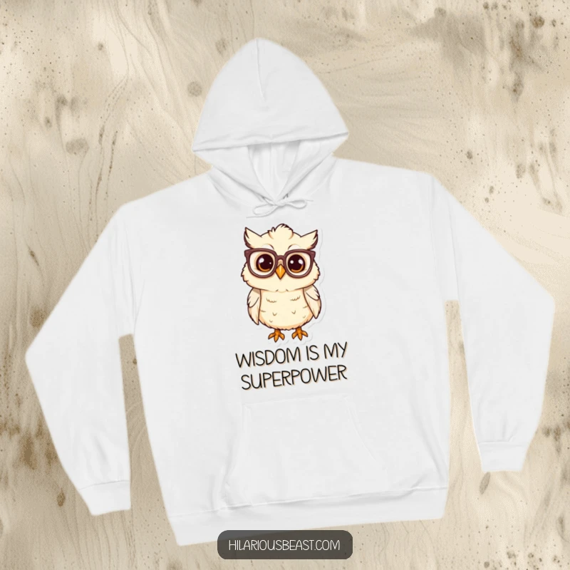Funny owl chick wearing oversized glasses, tilting head curiously, cozy hoodie perfect for gifting.