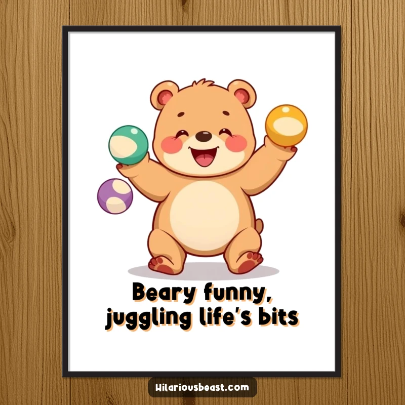 Funny Free Printable Wall Art: A chubby bear cub juggling colorful balls with a wide grin, for playful decor.