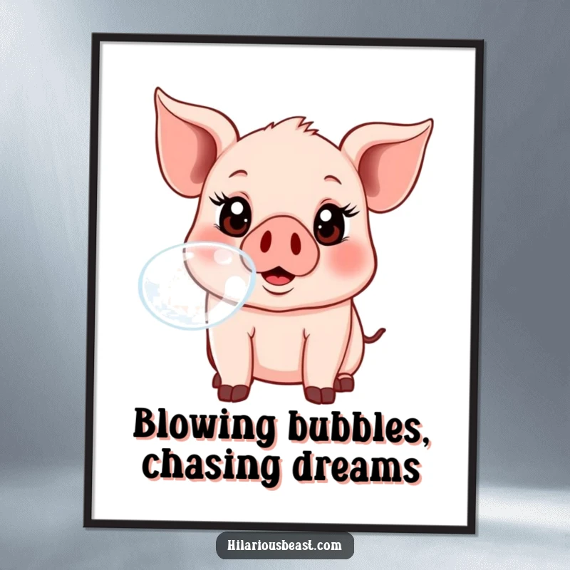 Funny free printable wall art of a happy piglet with big eyes blowing a huge, iridescent bubble, a whimsical decor piece.