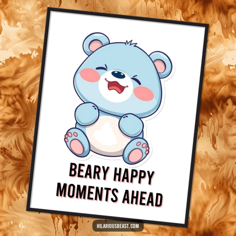 Funny Free Printable wall art of a round blue bear cub giggling with pure delight, a hilarious downloadable decoration.