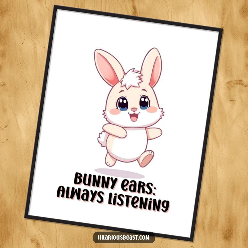 Funny Free Printable Wall Art: A fluffy bunny with big joyful eyes and ears flopping hops energetically.