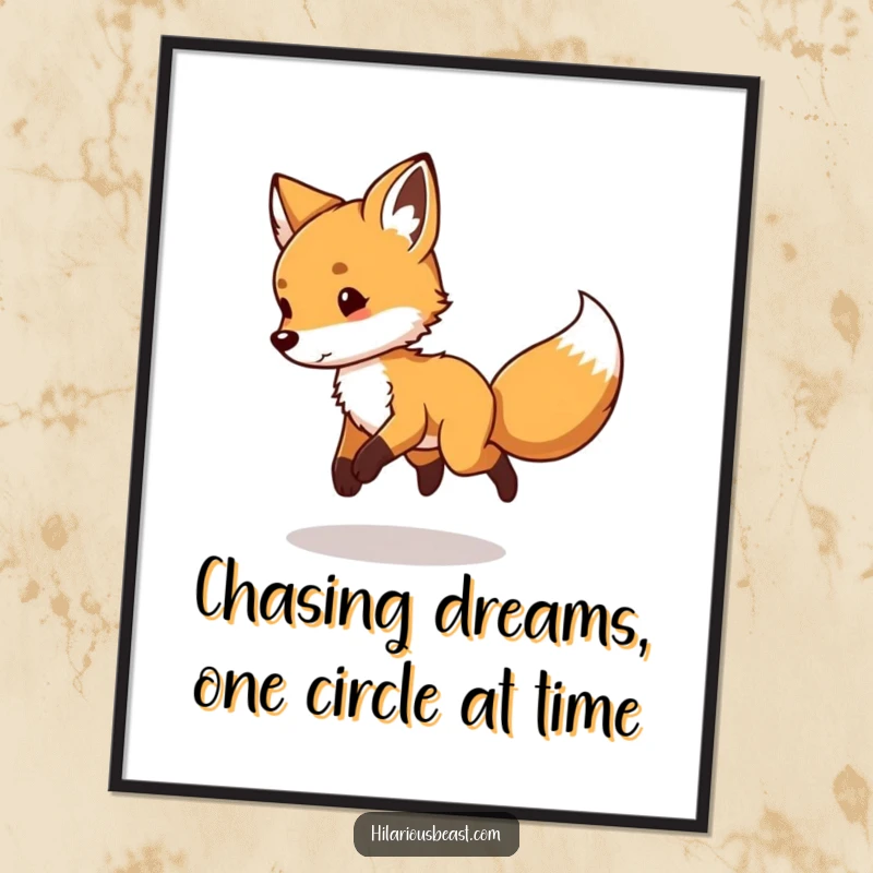 Funny Free Printable Wall Art: A lively fox cub in mid-spin, playfully chasing its own tail in energetic circles.