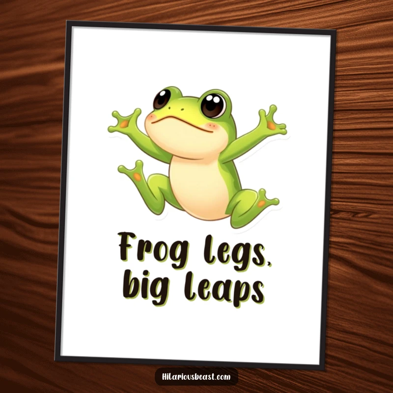 Funny free printable wall art of a small green frog leaping high with a wide-eyed, surprised expression. A downloadable splash of fun!