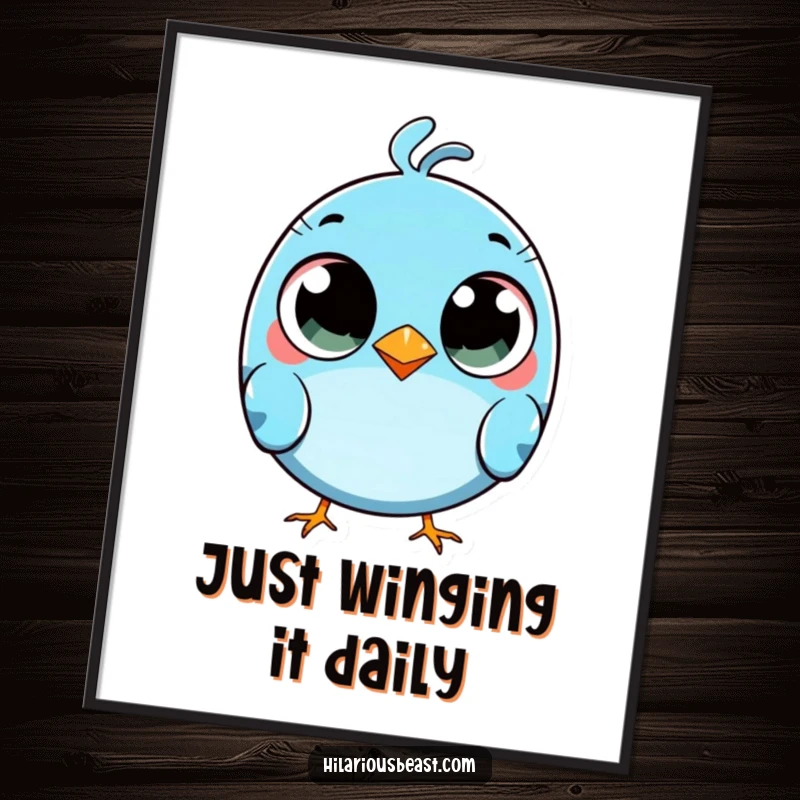 Funny Free Printable Wall Art of a round blue bird with comically wide eyes, captured mid-trip, adding comical flair.