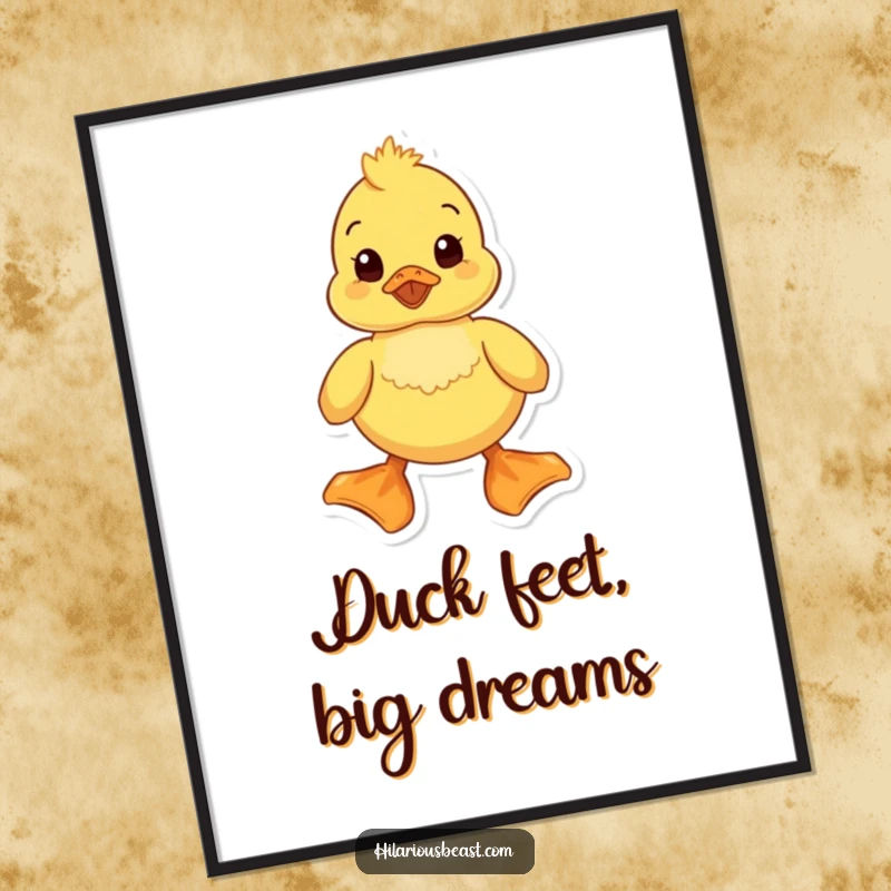 Funny free printable wall art of a smiling yellow duckling waddling with comically large feet. A downloadable piece of joy!