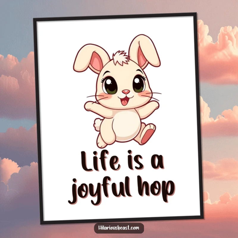 Funny Free Printable Wall Art: A cartoon bunny with large eyes and floppy ears is captured mid-hop, radiating pure joy.