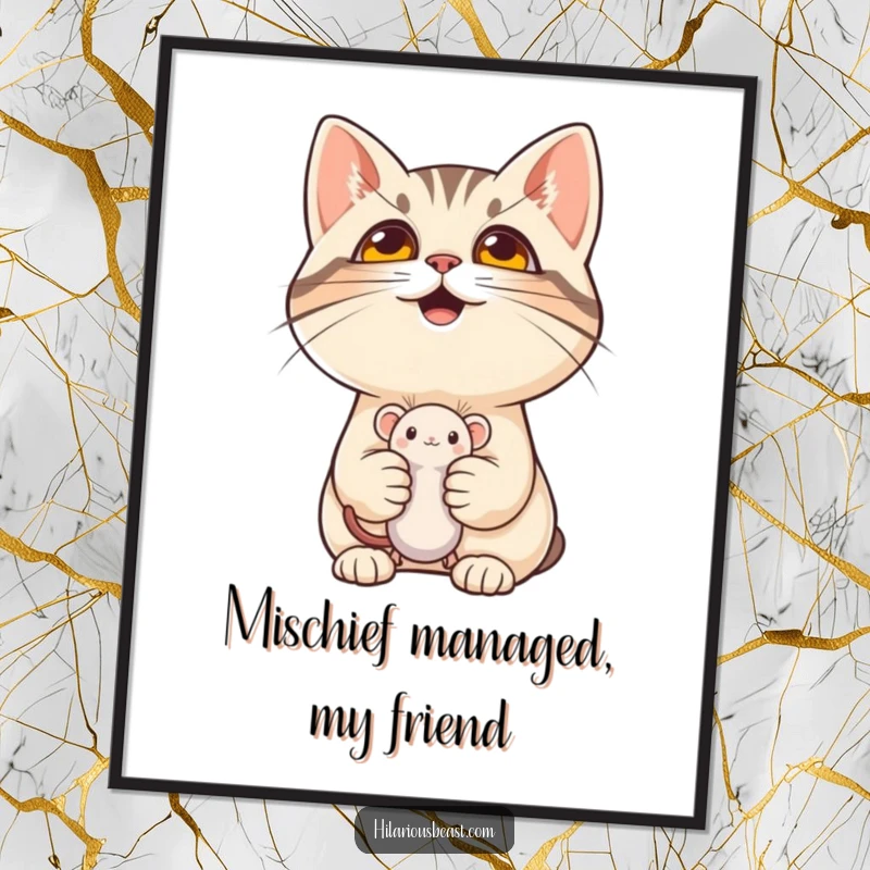 Funny Free Printable Wall Art: A cat with a mischievous grin holding a tiny mouse toy, humorous downloadable art.