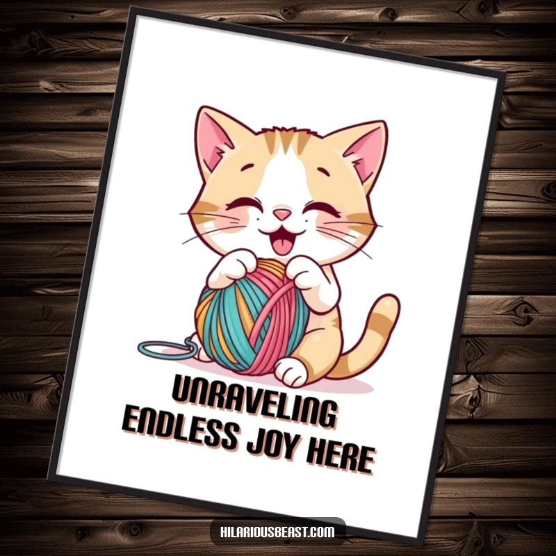 Funny Free Printable Wall Art: A cheerful cat batting a colorful yarn ball, a cute and humorous downloadable art.