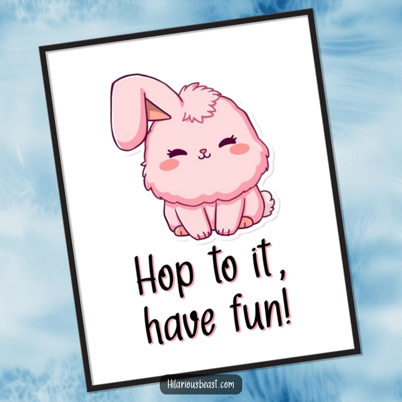 Funny Free Printable Wall Art of a fluffy pink bunny with one ear comically flopped over, radiating charm.