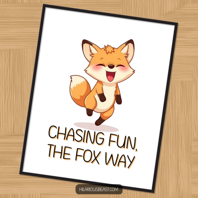 Funny free printable wall art featuring a goofy fox comically chasing its tail in a dizzy, joyous circle, adding whimsical energy.