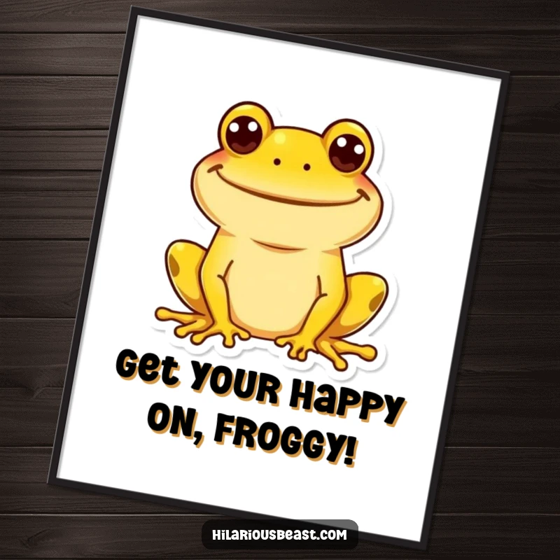 Funny Free Printable Wall Art of a cheerful yellow frog with an excessively wide, goofy grin, radiating pure joy.