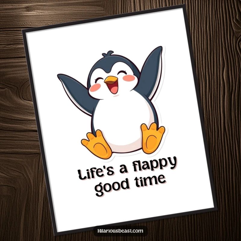 Funny free printable wall art depicting a happy penguin flapping its wings with immense joy and excitement, adding a playful touch.