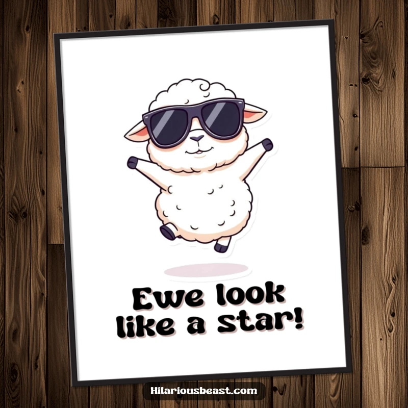 Funny Free Printable Wall Art of a fluffy sheep wearing oversized sunglasses, doing a silly, joyful hop with style.