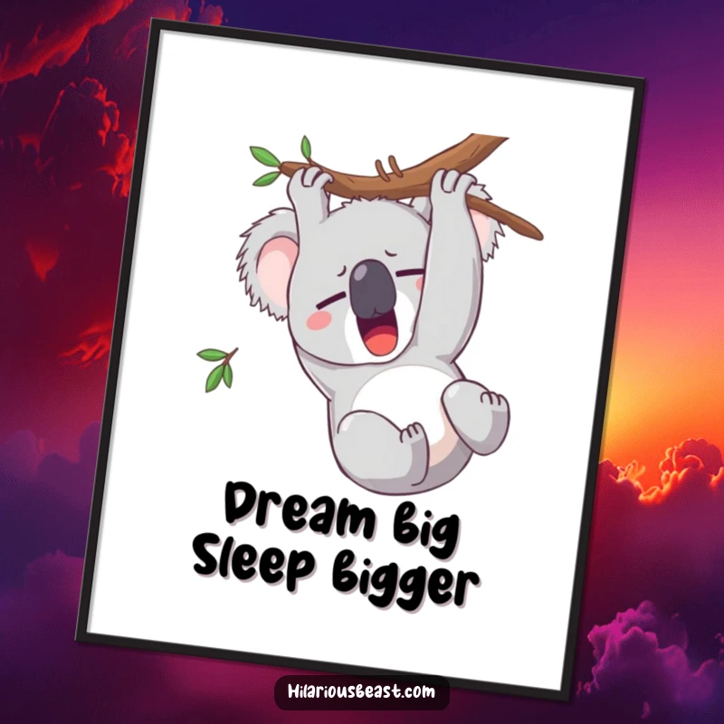 Funny Free Printable Wall Art of a sleepy koala yawning widely while hanging upside down from a branch, a humorous decor piece.