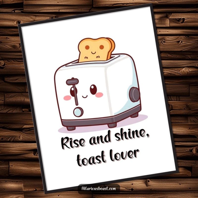 Free Printable Wall Art: A square toaster with a joyful expression pops toast high with a spring, adding humorous kitchen decor.