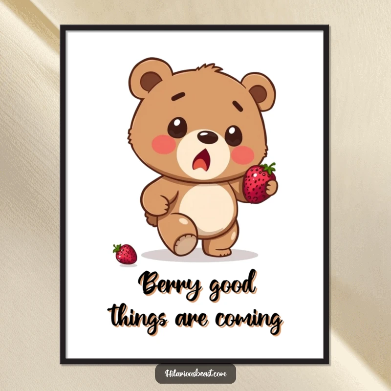 Funny free printable wall art of a surprised brown bear cub stumbling precariously while balancing a berry.