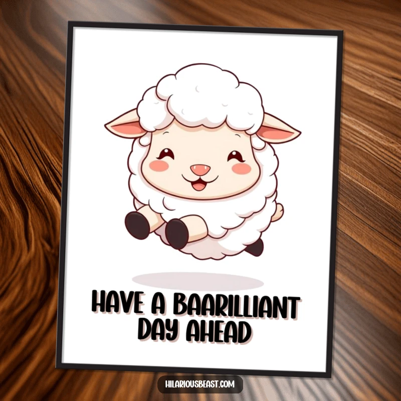 Funny Free Printable sheep wall art showcasing a fluffy sheep with a silly grin bouncing, delightful downloadable decor.