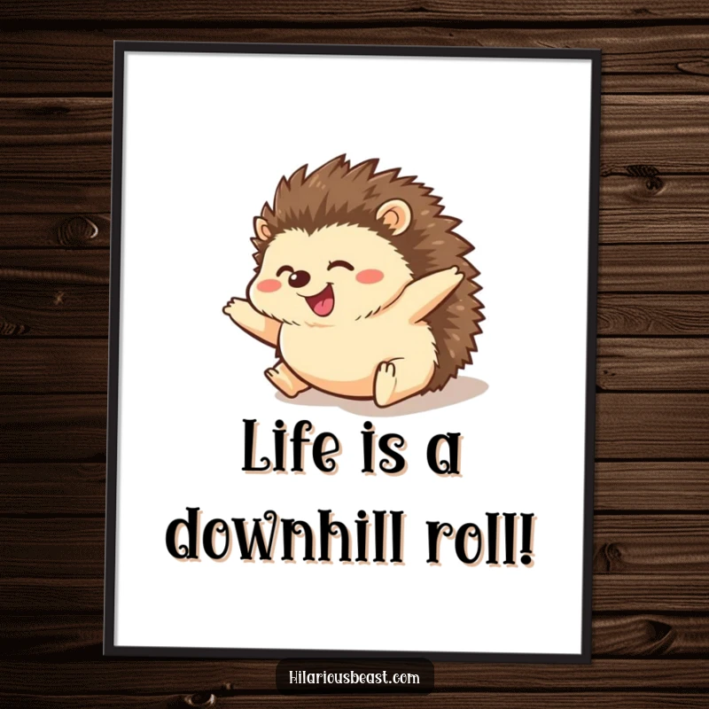 Funny Free Printable Wall Art: A chubby hedgehog joyfully rolls downhill, paws splayed in amusement, creating a scene of pure, unadulterated fun.