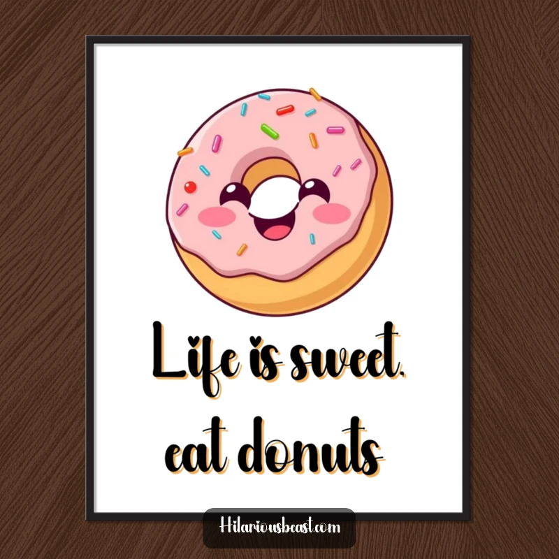 Funny Free Printable Wall Art of a cheerful, round donut with sprinkles bouncing with pure joy, adding a sweet vibe.