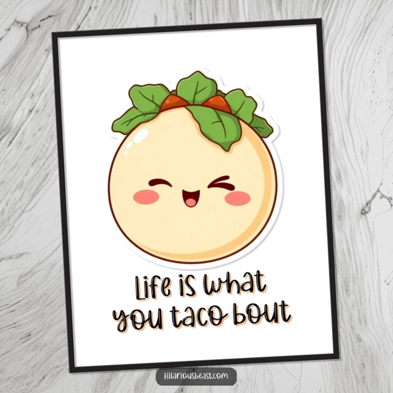 Funny Free Printable Wall Art of a happy, round taco character with a mischievous grin giving a knowing wink, full of personality.
