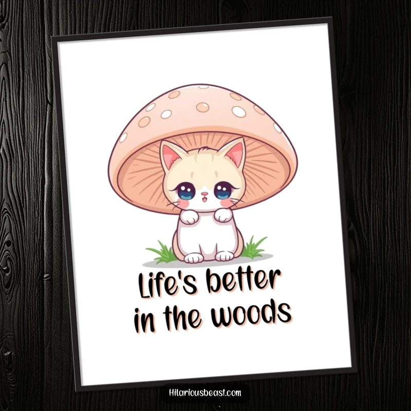 Funny Free Printable Wall Art: A cat peeking from a mushroom with twinkling eyes, whimsical and humorous downloadable art.