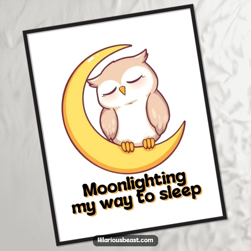 Funny Free Printable Wall Art: Adorable sleepy owl character peacefully dozing on a soft crescent moon, creating a serene and humorous vibe.