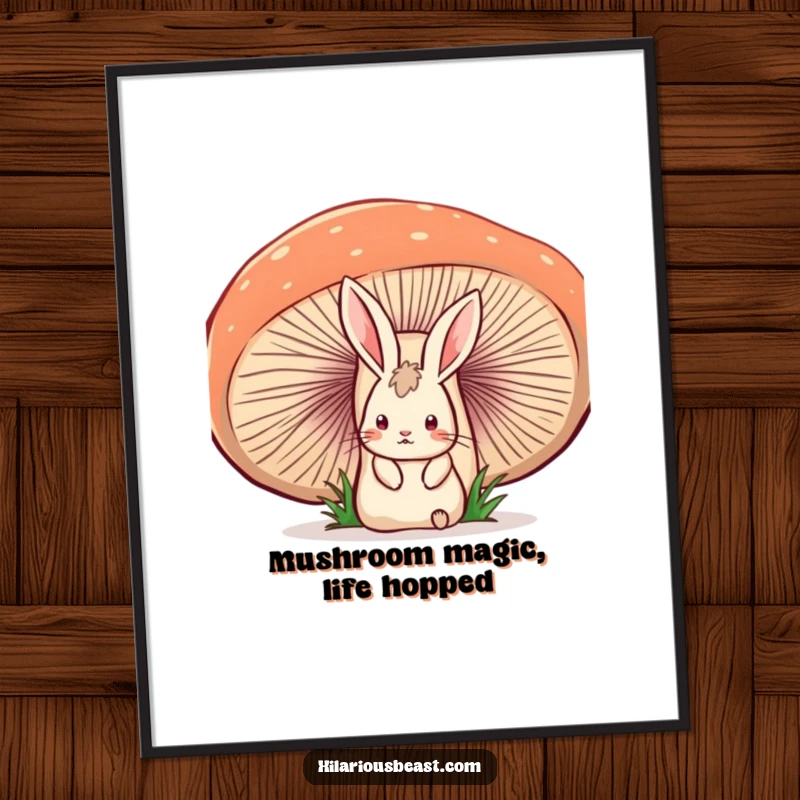 Funny free printable wall art featuring a startled rabbit peeking from behind a giant, wobbly mushroom, adding whimsical humor to any room.