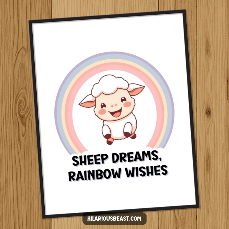 Funny Free Printable Wall Art: A happy little sheep with a wide grin leaps through a vibrant rainbow arc.