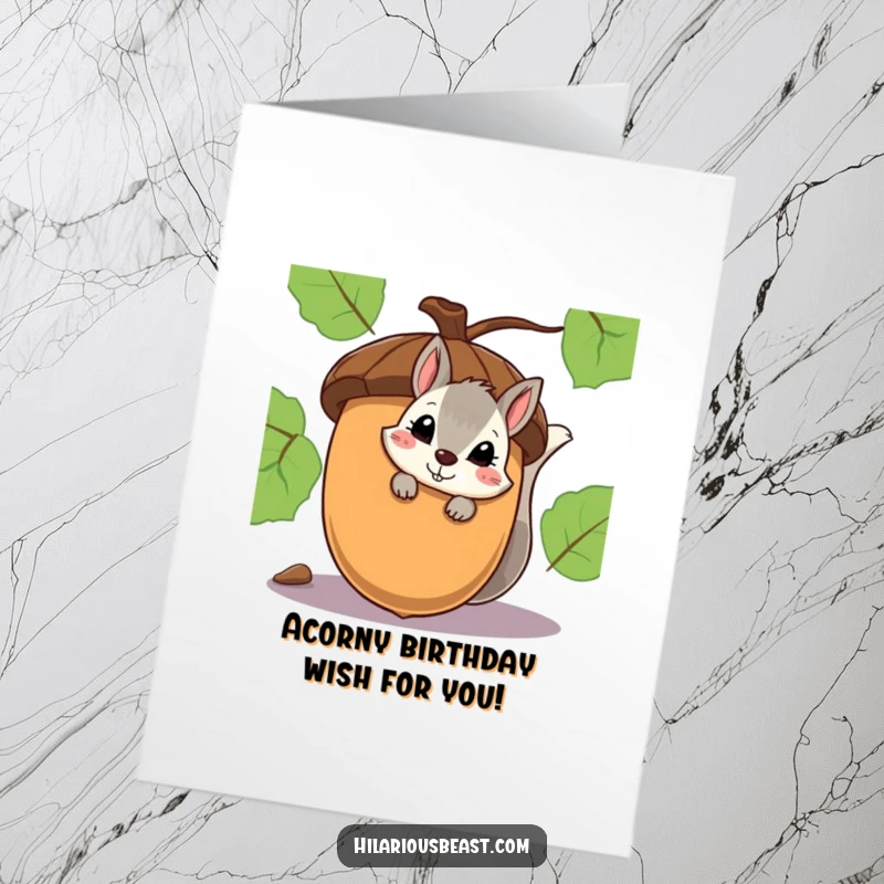 Funny Free Printable Happy Birthday card featuring a shy squirrel peeking from behind a huge acorn with a mischievous smirk.